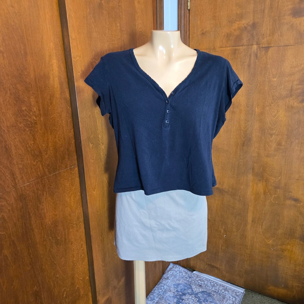 SKIMS Womens Henley Crop Top Black 2X Cotton Jersey Cap Sleeve Buttoned V-Neck